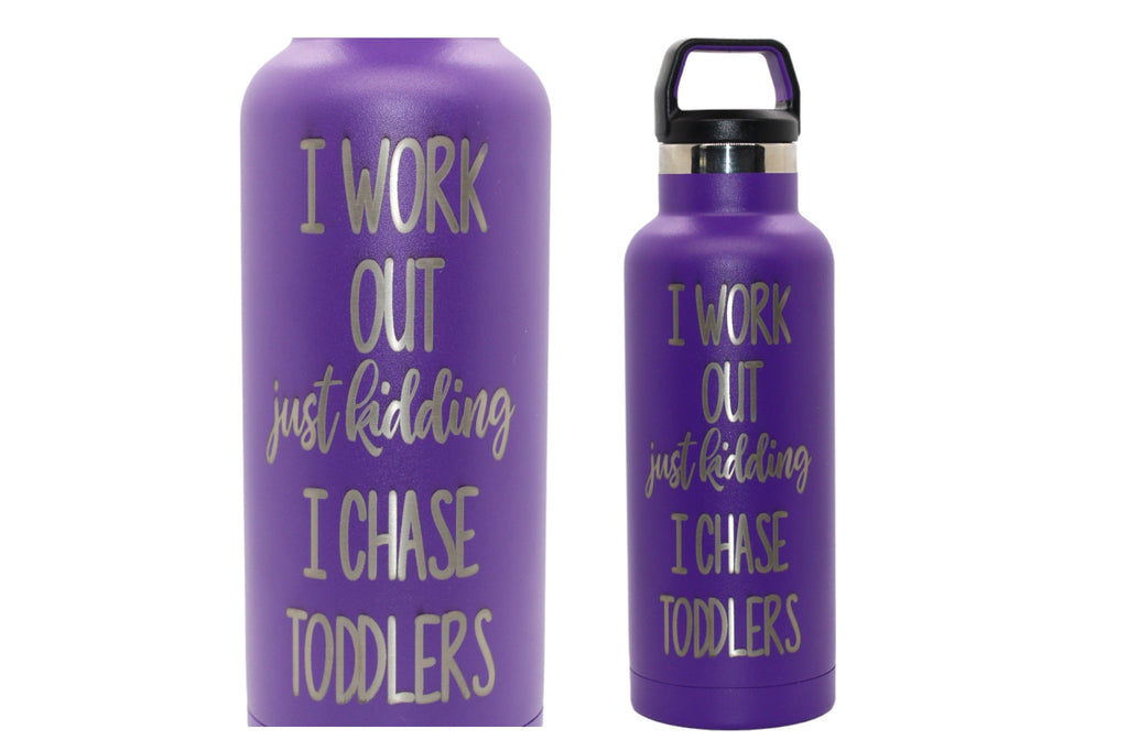 "Image of a 16 oz. RTIC water bottle in purple color, featuring laser-engraved customization reading 'I Work Out, Just Kidding, I Chase Toddlers.' The personalized aspect adds a playful touch, making it a relatable and humorous gift option for parents or caregivers."