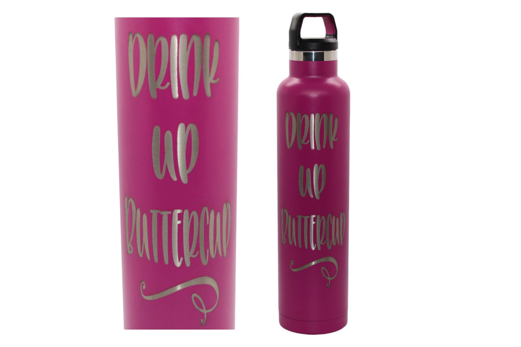 "Image of a 26 oz. RTIC water bottle available in various color options including flamingo pink, very berry, shimmering pink, and shimmering blue, laser engraved with 'Drink Up Buttercup'. The bottle is ready for personalization, offering a playful and encouraging message for hydration enthusiasts."