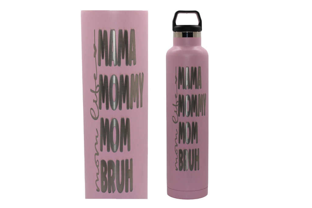 "Image of a 26 oz. RTIC water bottle available in various color options including flamingo pink, very berry, shimmering pink, and shimmering blue, laser engraved with 'Mom Life, Mama, Mommy, Mom, Bruh'. The bottle is ready for personalization, offering a fun and relatable gift choice for moms of all kinds."