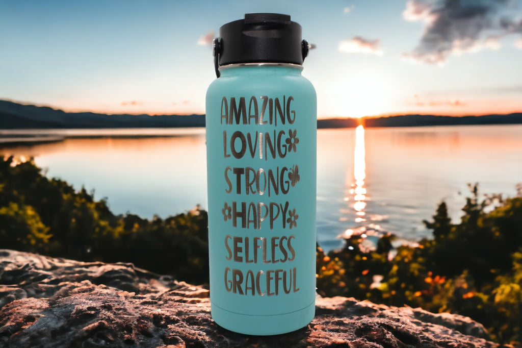 "Image of a teal-colored 32 oz. RTIC water bottle featuring laser-engraved customization spelling 'MOTHER' in an acrostic style. The personalized aspect offers a heartfelt touch, making it an ideal gift for celebrating the special bond of motherhood."