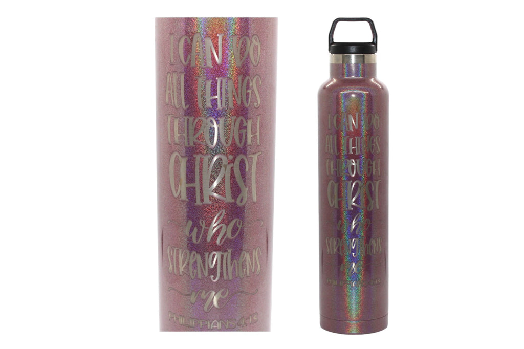 "Image of a 26 oz. RTIC water bottle available in various color options including flamingo pink, very berry, shimmering pink, and shimmering blue, laser engraved with 'Philippians 4:13'. The bottle is ready for personalization, offering a thoughtful and inspirational gift choice for any occasion."