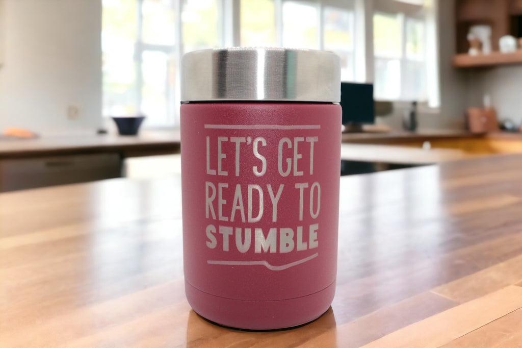 "Image of a 12oz. RTIC can cooler, featuring laser-engraved 'Let's Get Ready to Stumble' and personalized details. The cooler is designed to keep beverages cold for extended periods, with durable construction and insulation to maintain drink temperature. It offers a practical and stylish solution for enjoying canned beverages on the go."